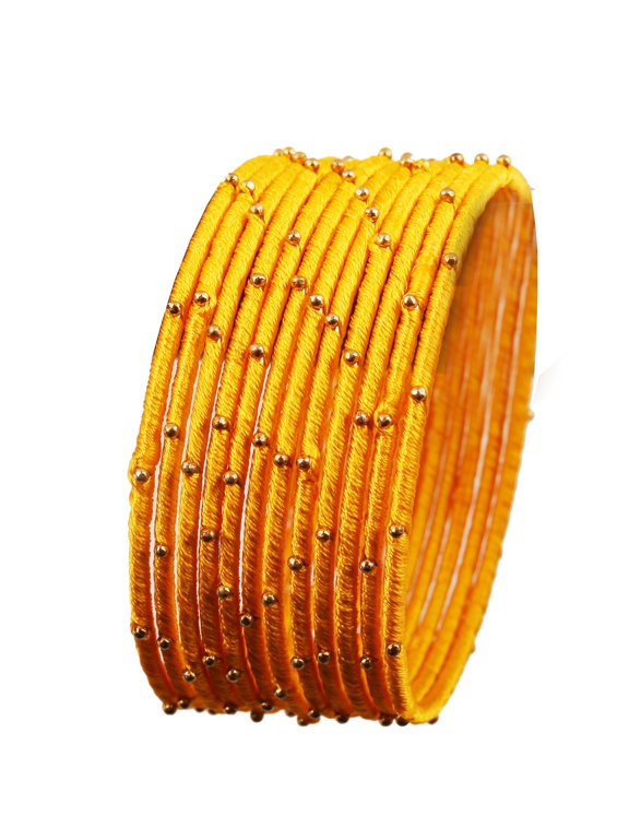 by Touchstone "Silk Thread Bangle Collection" Indian Bollywood Handcrafted Faux Silk Thread with Golden Beads Exotic Look Fire Yellow Designer Bangle Bracelets Set of 12 For Women.