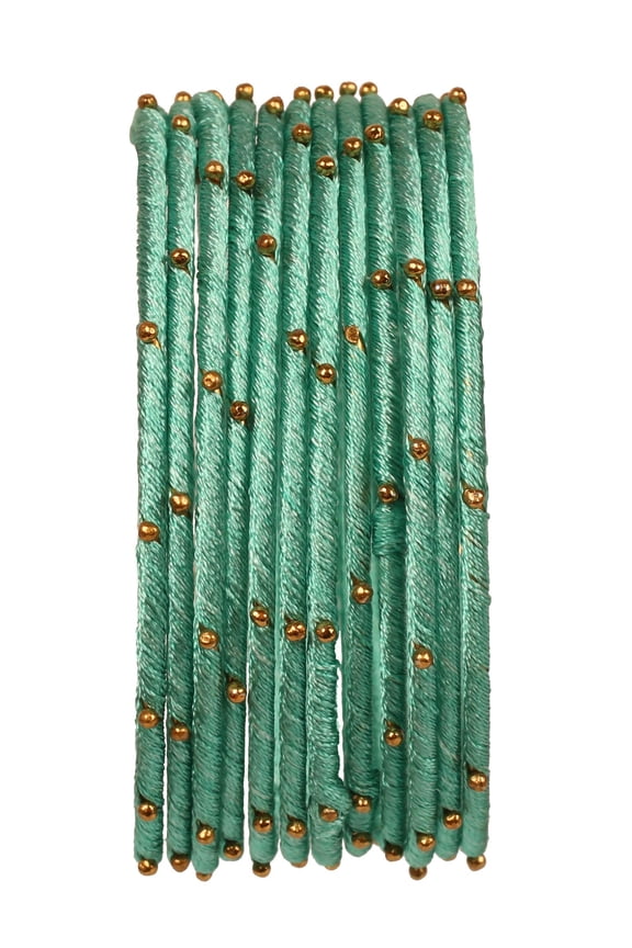 By Touchstone "Silk Thread Bangle Collection" Indian Bollywood Handcrafted Faux Silk Thread with Golden Beads Exotic Passionate Mint Green Designer Bangle Bracelets Set of 12 For Women.