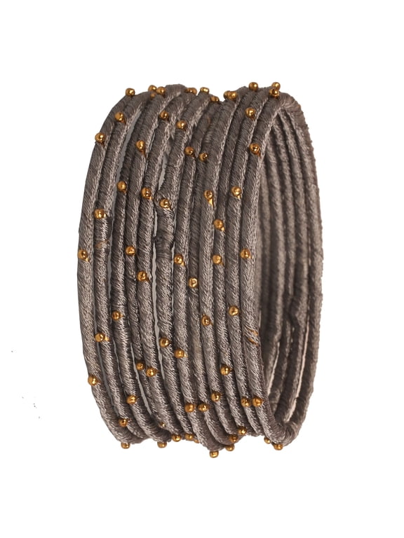By Touchstone "Silk Thread Bangle Collection" Indian Bollywood Handcrafted Silk Thread with Golden Beads Exotic Passionate Grey Designer Bangle Bracelets Set of 12 For Women.