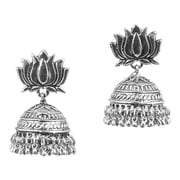 Sunsoul by Touchstone "Tribal Bohemian Chic" Traditional Gypsy Indian Jewelry. Afghani Lotus Lower Inspired Hung With Bunches Of Ghungroo Designer Jhumki Earrings For Women In Oxidized Silver Tone.