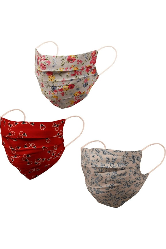 by Touchstone Floral Filter Pocket Nose Bridge Double Layer Cotton Face Mask Reusable Machine Washable for Women (Pack of 3). Red Blue White