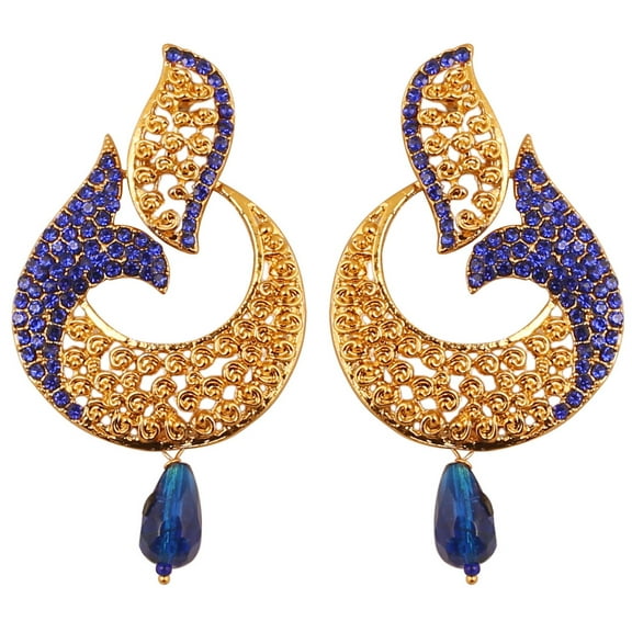 Sunsoul by Touchstone Indian Bollywood Curved Fish Motif Faux Blue Sapphire Designer Jewelry Chandelier Earrings For Women in Antique Gold Tone.