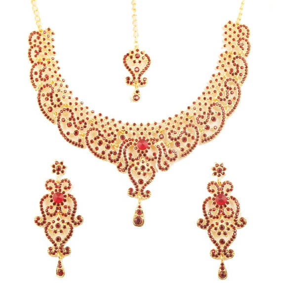 Sunsoul by Touchstone Indian Bollywood Fine Filigree Red Faux Ruby Grand Bridal Jewelry Necklace Set In Antique Gold Tone For Women.
