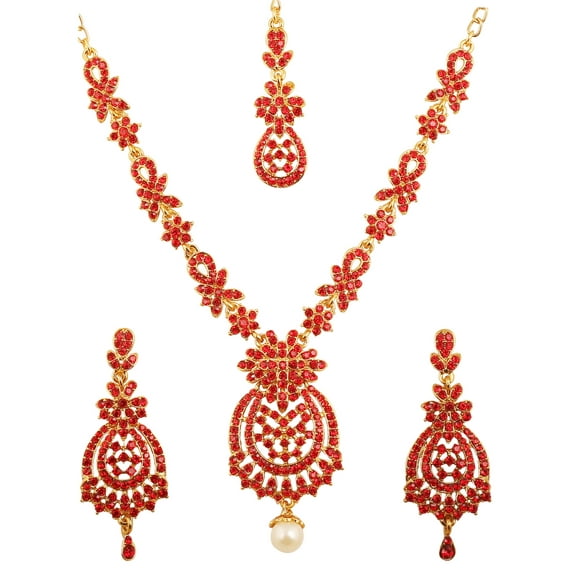 Sunsoul by Touchstone Indian Bollywood Floral Inspired Red Rhinestones Designer Bridal Jewelry Necklace Set For Women in Antique Gold Tone.