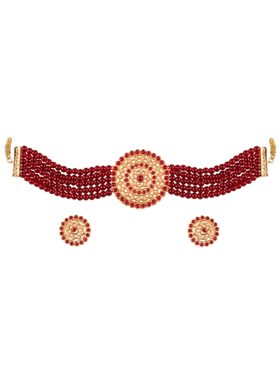 by Touchstone Indian Bollywood Royal Look Studded Faux Pearls Ruby Designer Jewelry Choker Necklace Set In Gold Tone For Women