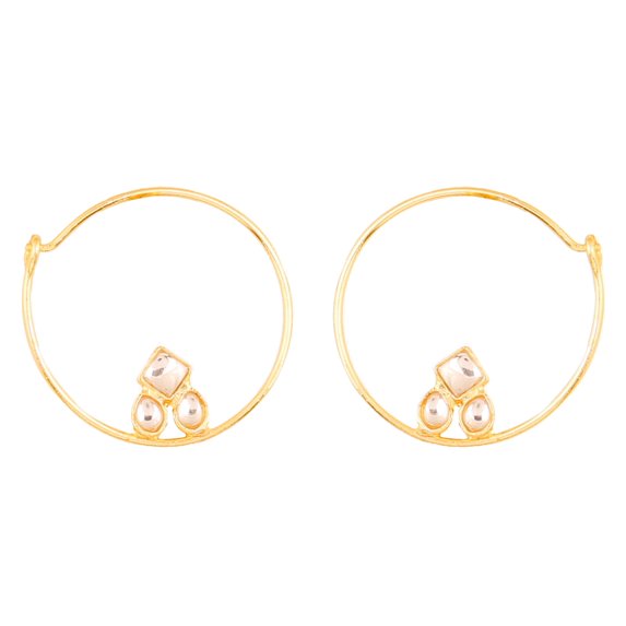 Sunsoul by Touchstone Indian Bollywood traditional and modern thin wire hoop bali designer Kundan polki jewelry earrings for women in gold tone.