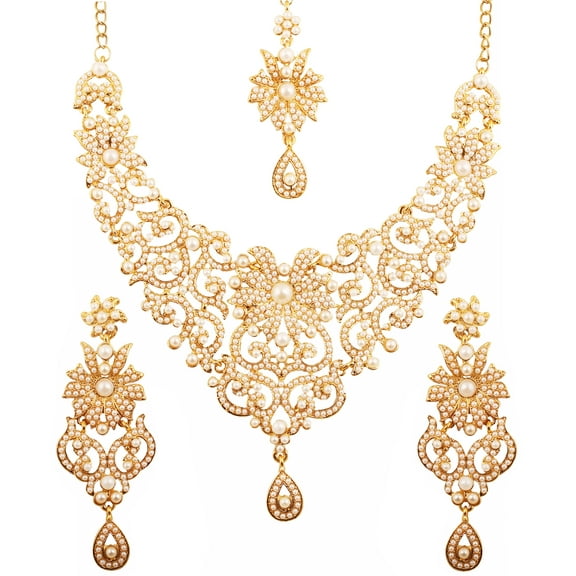 Sunsoul by Touchstone Indian Handcrafted Filigree Faux Pearls Jewelry Gold Tone Necklace For Women.