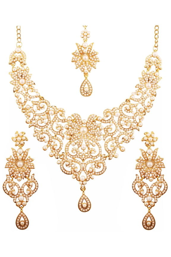 by Touchstone Indian Handcrafted Filigree Faux Pearls Jewelry Gold Tone Necklace For Women.