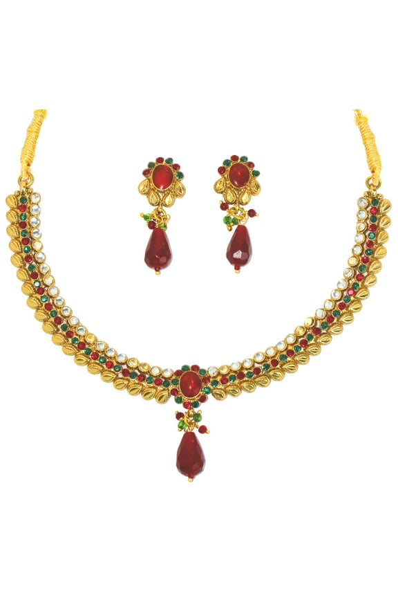 by Touchstone Indian Hollywood floral theme faux ruby Emerald Kundan look necklace set in antique gold tone