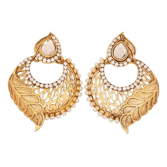 Sunsoul by Touchstone Indian bollywood crystals faux pearls whittled chand bali designer earrings in antique gold tone