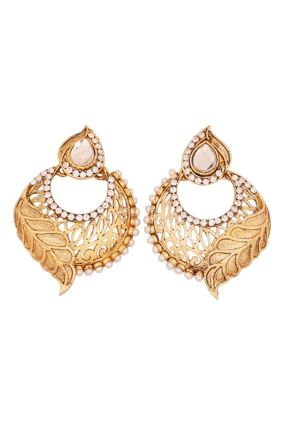 by Touchstone Indian bollywood crystals faux pearls whittled chand bali designer earrings in antique gold tone