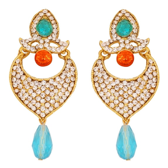 Sunsoul by Touchstone Indian bollywood faux blue orange quartz long Chand bali jewelry earrings in antique gold tone