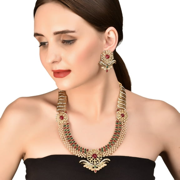 Sunsoul by Touchstone "South Temple Collection" Indian Hollywood White Red Green Stones Bridal Jewelry Rani Haar in Antique Gold Tone for Women