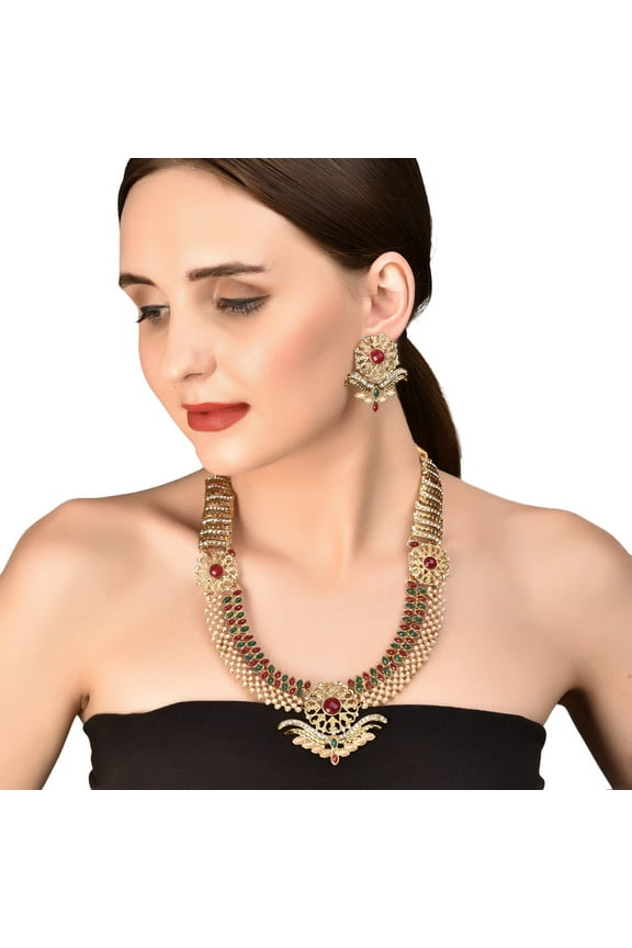 by Touchstone "South Temple Collection" Indian Hollywood White Red Green Stones Bridal Jewelry Rani Haar in Antique Gold Tone for Women