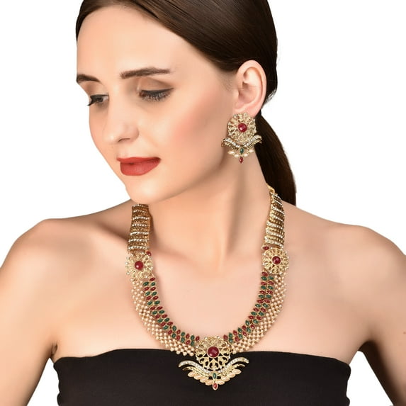 Sunsoul by Touchstone "South Temple Collection" Indian Hollywood White Red Green Stones Bridal Jewelry Rani Haar in Antique Gold Tone for Women