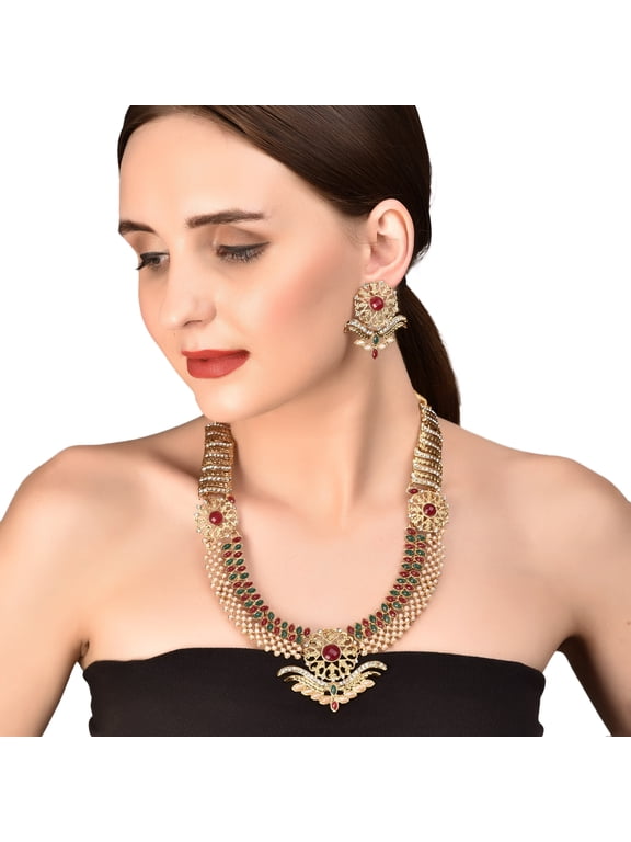 by Touchstone "South Temple Collection" Indian Hollywood White Red Green Stones Bridal Jewelry Rani Haar in Antique Gold Tone for Women