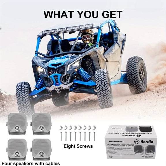 Sunspire 4" Multi-Vehicle Speakers - Heavy Duty Marine Box Enclosure for RV, Tractor, Golf Cart & Work Trucks, Surface Mount Kit Included (4 Speakers, White/ Black)