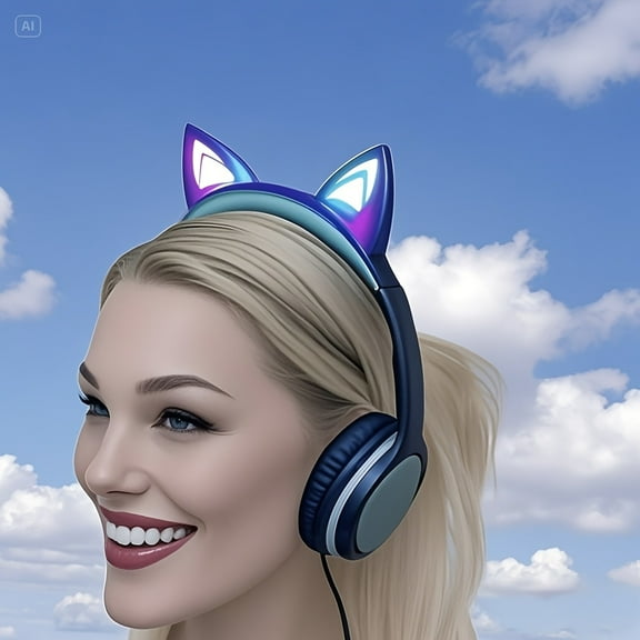 Sunspire High Quality Cat Ears Multicolor Luminescence Headband Headphones, Type-C Plug Weaving Cord Headphones With Microphone Stereo Headphones For USB-C, Designed To Be Fully Adjustable