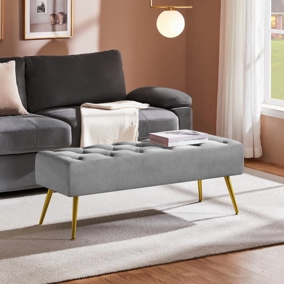 Sunspire Lamb Wool Ottoman Footstool , Modern Button-Tufted Table , Upholstered Footrest Stool with Metal Legs for Living Room, Bedroom
