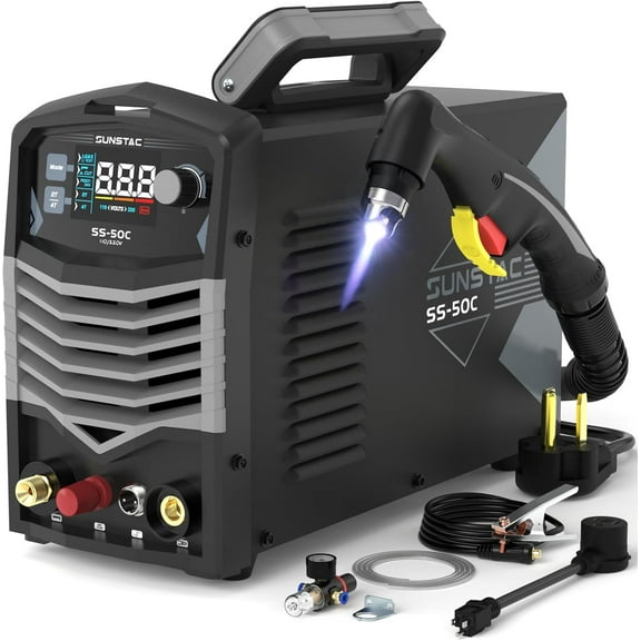 Sunstac Plasma Cutter, Non-Touch Pilot Arc 50Amps Non-High Frequency Plasma Cutting Machine with Large LCD Display 110/220V Dual Voltage IGBT Inverter 4/5 Inch Max Cut 2T/4T, for Beginners DIY