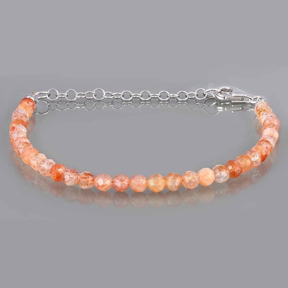 Sunstone 4mm Round Shape Faceted Cut Beads 7 inch Adjustable Silver Plated Clasp Bracelet for men, women, unisex. Link Chain Stacking Bracelet.|LINK_06301