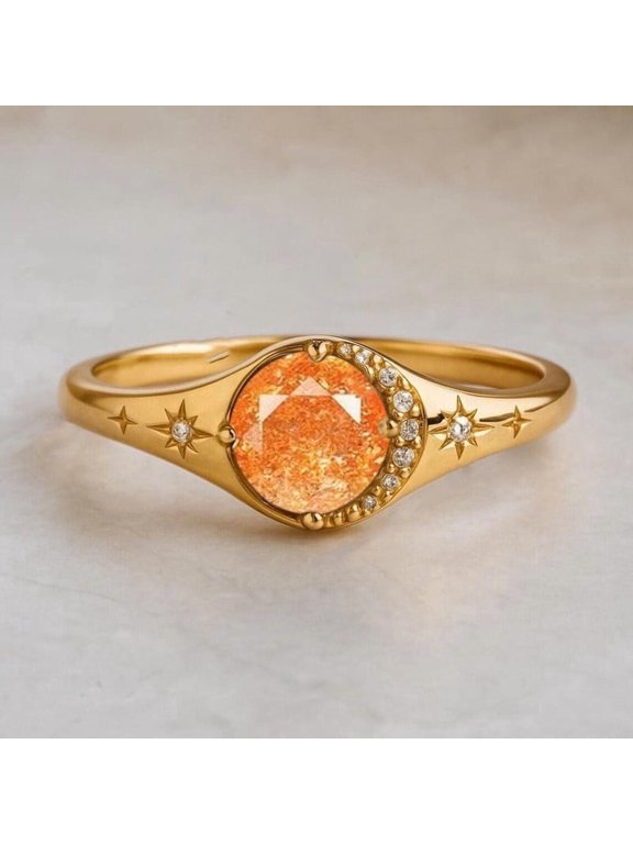Sunstone & Diamond Engagement Ring, Moon Crescent Diamond Wedding Ring, Sunstone Moon And Star Signet Ring, Birthstone Ring, Dainty Proposal Band Ring