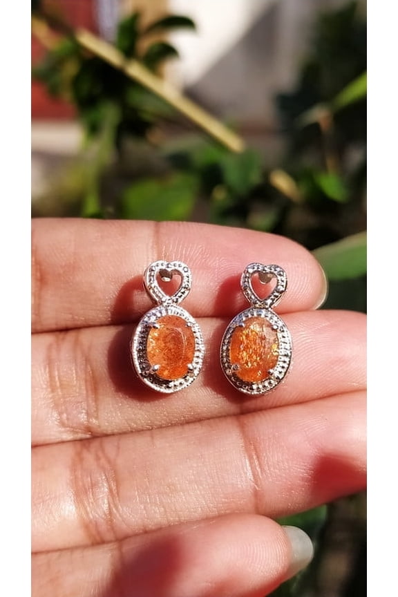 Sunstone Earrings-Oregon Sunstone Jewelry-Dainty Earrings-Orange Gemstone Handmade Gift For Wife-Sunstone Heart Earring Sterling Silver