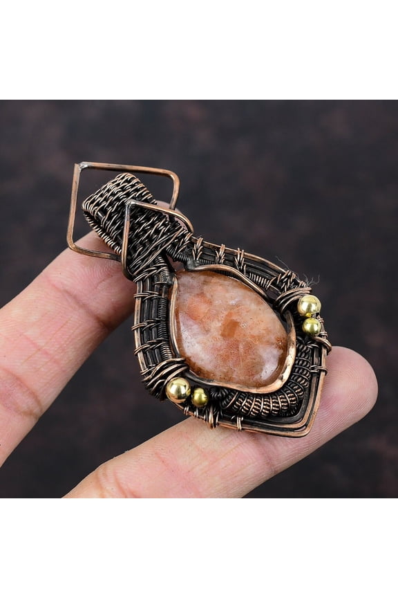 Sunstone Gemstone Jewelry Copper Gift For Bridesmaid Wire Wrapped Pendant 2.83"