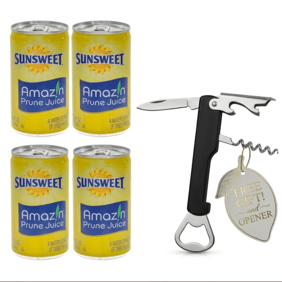 Sunsweet Amazin Prune Juice, 7.5 fl oz, 4 Cans with Stainless Steel and Plastic Waiter's Corkscrew Bottle Opener