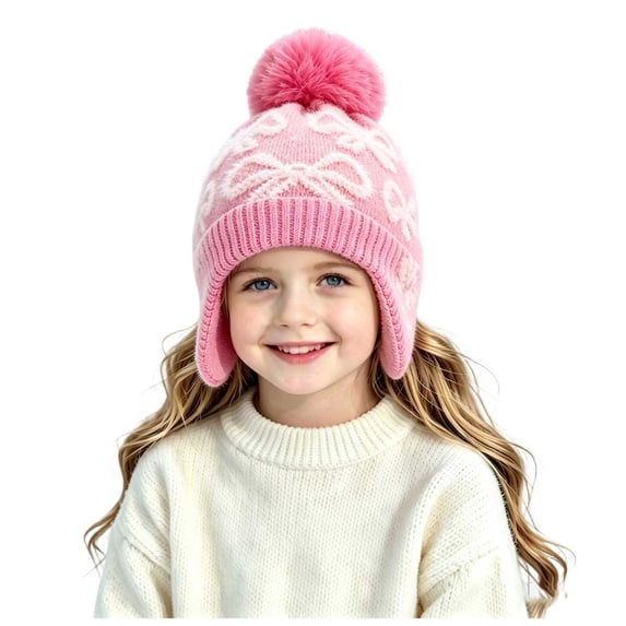 Suntak Toddler Beanies for Girls Warm Cute Pattern Winter Hat with Pom Pom 2-6 Years