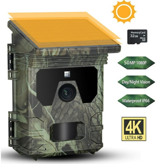 SuntekCam Solar Powered Trail Camera, 50MP 4K Game Camera with Night Vision Motion Activated 120 Wildlife Monitoring Waterproof IP65 Hunting Camera