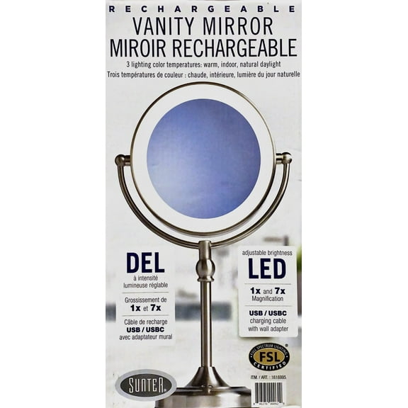 Sunter Rechargeable Vanity Mirror LED, 1x & 7x Magnification, Silver 18"H