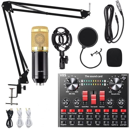 Sunthon BM800 Condenser Microphone, Professional Podcast Recording Studio Microphone W/V8S Live Sound Card for Podcasting Streaming Recording (Gold)