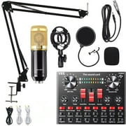 Sunthon BM800 Condenser Microphone, Professional Podcast Recording Studio Microphone W/V8S Live Sound Card for Podcasting Streaming Recording Gold