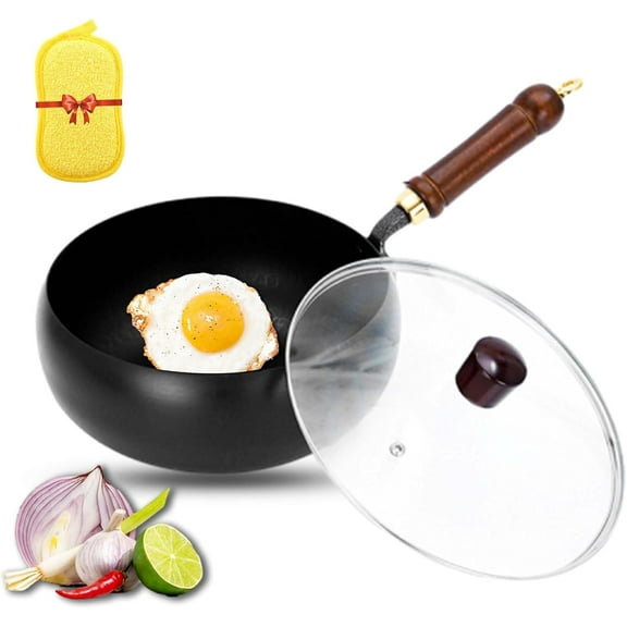 Suntup Iron Pan, Uncoated Iron Pan, Suntup Frying Pans, 9.45 Inch Hand-Forged Non-Stick iron pans without Coating Durable and Rust-Free, Japanese Non-Stick Pans for Cooking (Hammer-Glass Cover)