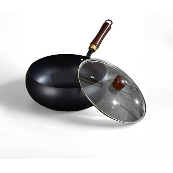 Suntuup Japanese Iron Pan, Uncoated Iron Pan, Hand-Forged Non-Stick Pans without Coating, Japanese Frying Pans with Lid (with Glass Lid - A,30cm/11.81in)