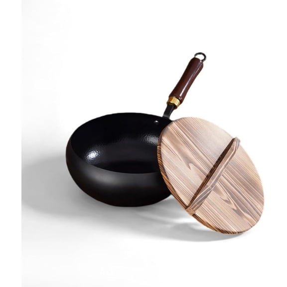 Suntuup Japanese Iron Pan, Uncoated Iron Pan, Hand-Forged Non-Stick Pans without Coating, Japanese Frying Pans with Lid (with Wooden Lid - B,20cm/7.87in)