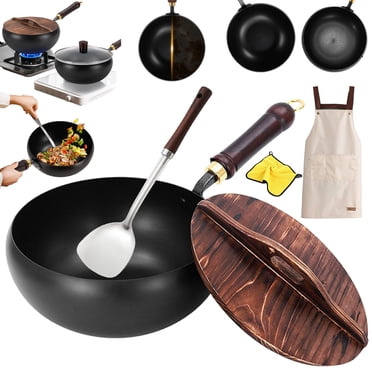 Suntuup Japanese Iron Pan, Suntup Uncoated Iron Pan, Hand-Forged Non-stick IronPan - Without Coating, Durable And Rust-Free, Round Bottom Wok With Lid, For Gas/Induction (Hammer Finish-B, 10.24in