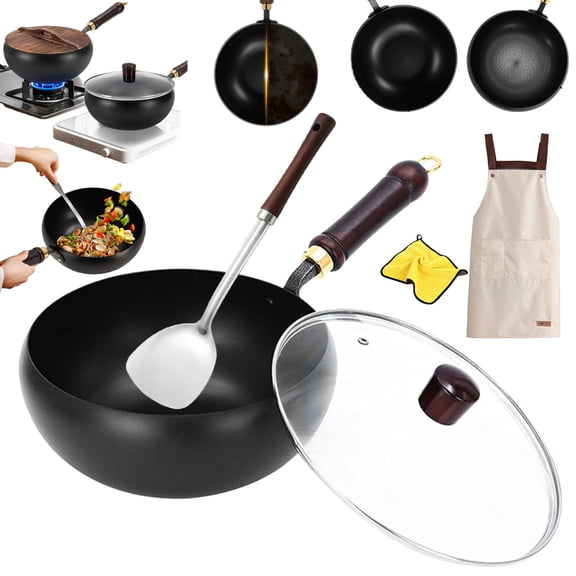 Suntuup Japanese Iron Pan, Uncoated Iron Pan, Suntuup Japanese Hand-Forged Non-Stick IronPan Without, Coating with Lid, 9.45 Inch for Gas Stir Fry Pans with Spatula (Smooth Pot Glass Lid)