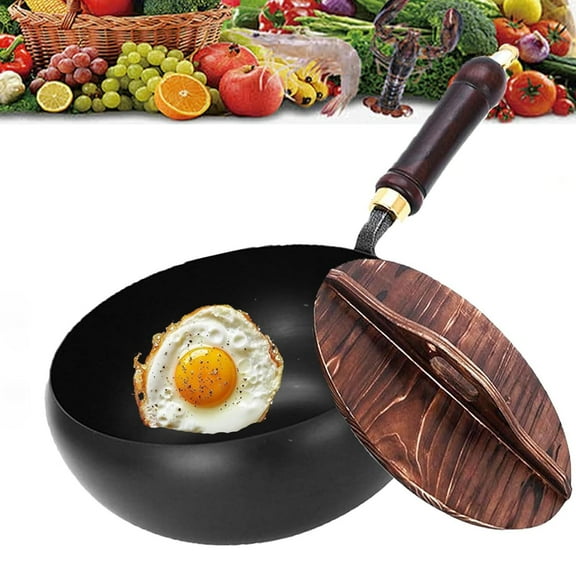 Suntuup Japanese Iron Pan, Uncoated Iron Pan, with Wooden Lid Cookwares, Nonstick Wok, No Chemical Coated Wok, with Spatula, Flat Bottom Wok for Electric, Induction,Gas Stoves 24C MGlossy