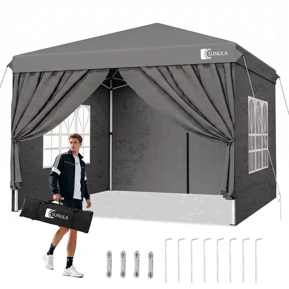 Sunula 10x10 FT Pop Up Canopy Tent with 4 Sidewalls, Heavy Duty Waterproof Outdoor Gazebo, Reinforced Steel Frame Folding Party Tent for Backyard, Camping, and Events (Gray)