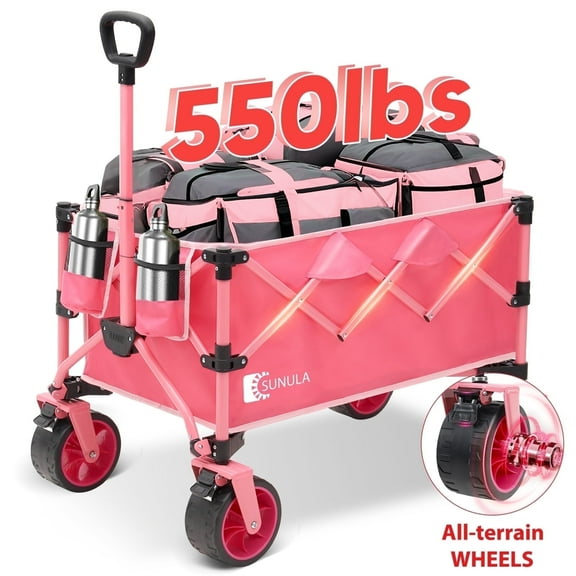 Sunula 550LBS Collapsible Foldable Wagon Cart 300L Larger Capacity Folding Beach Heavy Duty Utility Garden Wagon with All-Terrain Wheel, Drink Holders for Camping Shopping Grocery Sport Outdoor. Pink