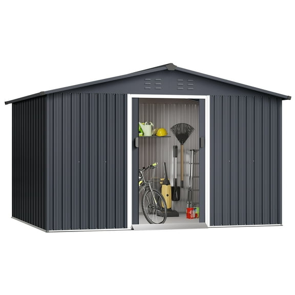Sunvasagoo 10x8 ft Outdoor Storage Shed, Galvanized Steel Garden Shed with Lockable Door, Gray/Brown