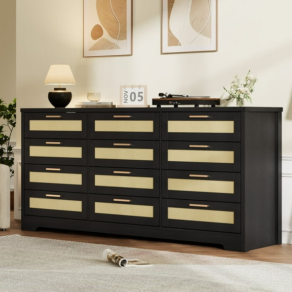 Sunvasagoo 12-Drawer Farmhouse Dresser with Rattan Panels, 63" Wood Chest, Neutral Finish