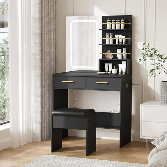 Sunvasagoo 42" LED Makeup Vanity Set w/Sliding Mirror, Charging Hub, 2 Drawers & Stool