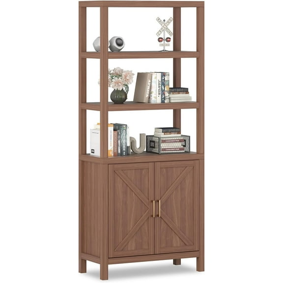 Sunvasagoo 5-Tier Mid-Century Modern Oak Bookcase with Doors, 71" Tall Thick Wood Display Cabinet Freestanding Storage, Oak