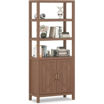 Sunvasagoo 5-Tier Mid-Century Modern Oak Bookcase with Doors, 71" Tall Thick Wood Display Cabinet Freestanding Storage, Oak