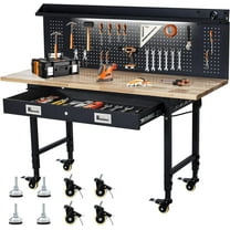 Sunvasagoo 60" Heavy Duty Adjustable Workbench with Rubberwood Top, Power, Pegboard & Wheels