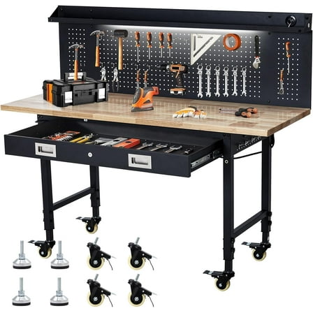 Sunvasagoo 60" Heavy Duty Adjustable Workbench with Rubberwood Top, Power, Pegboard & Wheels