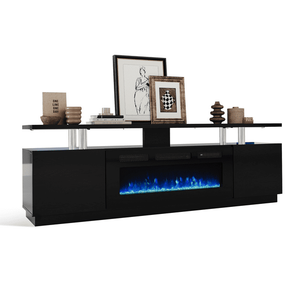 Sunvasagoo 70-Inch Fireplace TV Stand for TVs Up to 80", with 24" 3D Panoramic Electric Fireplace, 12 Flame & Ember Colors